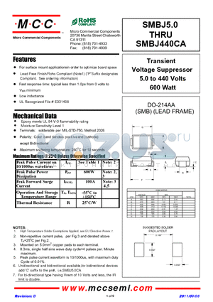 SMBJ18 datasheet - Transient Voltage Suppressor 5.0 to 440 Volts 600 Watt