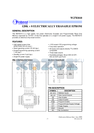 W27E010 datasheet - 128K X 8 ELECTRICALLY ERASABLE EPROM
