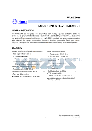 W29EE011T90B datasheet - 128K X 8 CMOS FLASH MEMORY