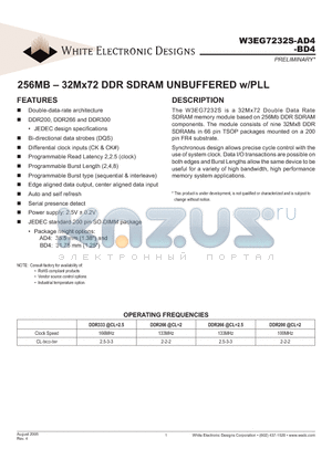 W3EG7232SXXXAD4-SG datasheet - 256MB - 32Mx72 DDR SDRAM UNBUFFERED w/PLL
