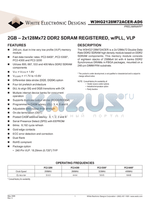 W3HG2128M72ACER-AD6 datasheet - 2GB - 2x128Mx72 DDR2 SDRAM REGISTERED, w/PLL, VLP