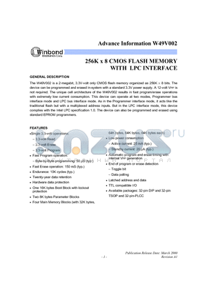 W49V002T datasheet - 256K x 8CMOS FLASH MEMORY WITH LPC INTERFACE