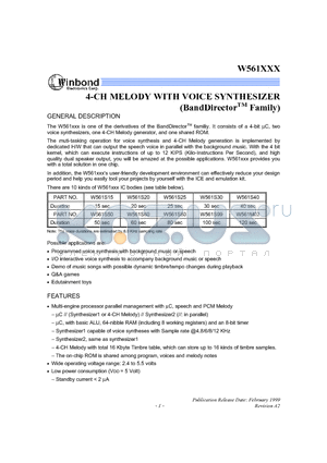 W561S30 datasheet - 4-CH MELODY WITH VOICE SYNTHESIZER (BandDirectorTM Family)