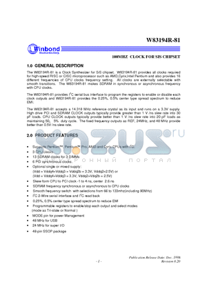 W83194R-81 datasheet - 100MHZ CLOCK FOR SIS CHIPSET