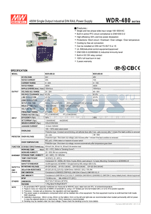 WDR-480-24 datasheet - 480W Single Output Industrial DIN RAIL Power Supply