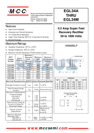 EGL34M datasheet - 0.5 Amp Super Fast Recovery Rectifier 50 to 1000 Volts