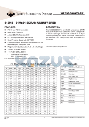 WED3DG6466V7AD1 datasheet - 512MB - 64Mx64 SDRAM UNBUFFERED