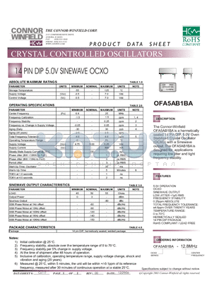 OFA5AB1BA-12.8M datasheet - 14 PIN DIP 5.0V SINEWAVE OCXO