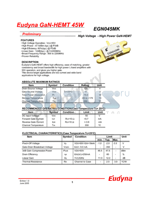 EGN045MK datasheet - High Voltage - High Power GaN-HEMT