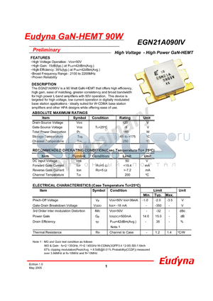 EGN21A090IV datasheet - High Voltage - High Power GaN-HEMT