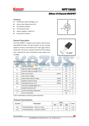 WFF10N65 datasheet - Silicon N-Channel MOSFET