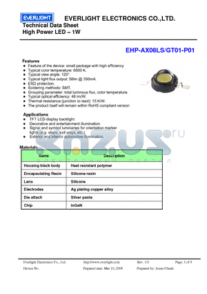 EHP-AX08LS/GT01-P01 datasheet - High Power LED - 1W