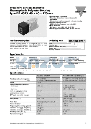 EIA4025NPAP datasheet - Proximity Sensors Inductive Thermoplastic Polyester Housing