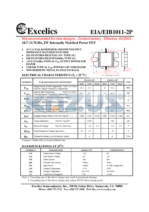 EIB1011-2P datasheet - 10.7-11.7GHz, 2W Internally Matched Power FET