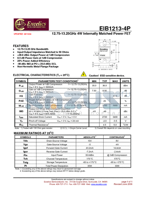 EIB1213-4P datasheet - 12.75-13.25GHz 4W Internally Matched Power FET