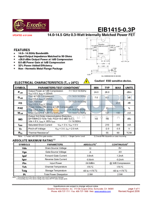 EIB1415-0.3P datasheet - 14.0-14.5 GHz 0.3-Watt Internally Matched Power FET