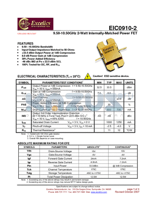 EIC0910-2 datasheet - 9.50-10.50GHz 2-Watt Internally-Matched Power FET