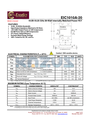 EIC1010A-20 datasheet - 10.00-10.25 GHz 20-Watt Internally Matched Power FET