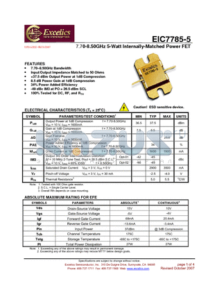 EIC7785-5-02 datasheet - 7.70-8.50GHz 5-Watt Internally-Matched Power FET