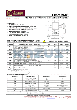 EIC7179-10 datasheet - 7.10-7.90 GHz 10-Watt Internally Matched Power FET