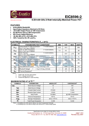 EIC8596-2NH datasheet - 8.50-9.60 GHz 2-Watt Internally-Matched Power FET