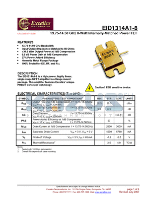 EID1314A1-8 datasheet - 13.75-14.50 GHz 8-Watt Internally-Matched Power FET