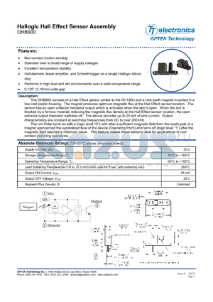 OHB900 datasheet - Hallogic Hall Effect Sensor Assembly