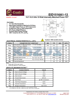 EID1516A1-12 datasheet - 15.7-16.3 GHz 12-Watt Internally Matched Power FET