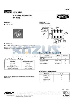 EIN10 datasheet - E-Series RF Inductor 50 MHz
