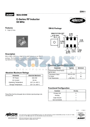 EIN11 datasheet - E-Series RF Inductor 50 MHz