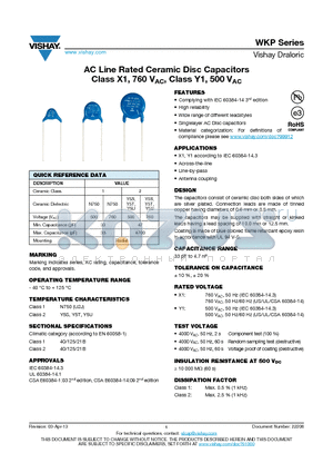 WKP472MCPEJ0KR datasheet - AC Line Rated Ceramic Disc Capacitors Class X1, 760 VAC, Class Y1, 500 VAC