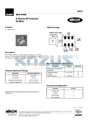 EIN13 datasheet - E-Series RF Inductor 50 MHz