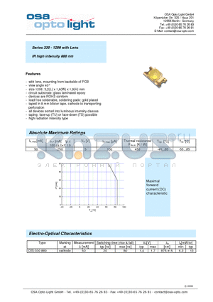 OIS-330880-X-TD datasheet - Series 330 - 1206 with Lens IR high intensity 880 nm