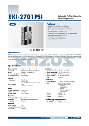 EKI-2701PSI datasheet - Industrial PoE Splitter with Wide Temperature