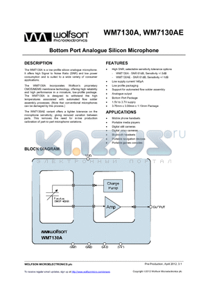 WM7130A datasheet - Bottom Port Analogue Silicon Microphone