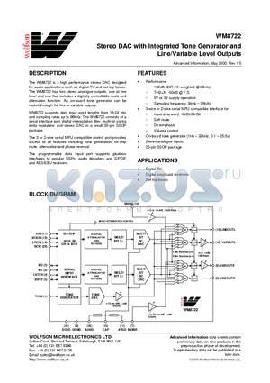 WM8722 datasheet - Stereo DAC with Integrated Tone Generator and Line/Variable Level Outputs