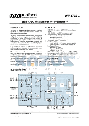 WM8737GEFL datasheet - STEREO ADC WITH MICROPHONE PREAMPLIFIER