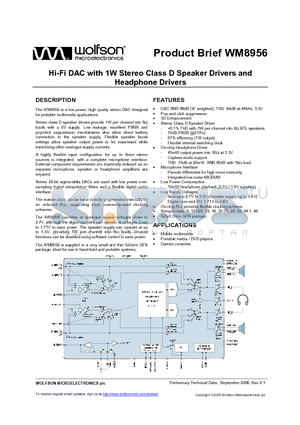 WM8956_06 datasheet - Hi-Fi DAC with 1W Stereo Class D Speaker Drivers and Headphone Drivers