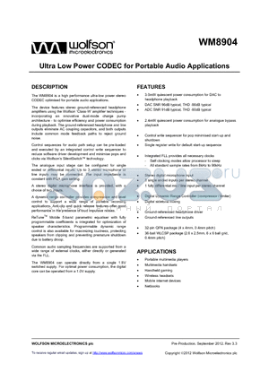 WM8904CGEFL/V datasheet - Ultra Low Power CODEC for Portable Audio Applications