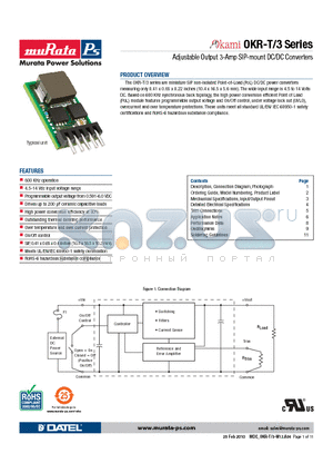 OKR-T3_10 datasheet - Adjustable Output 3-Amp SIP-mount DC/DC Converters