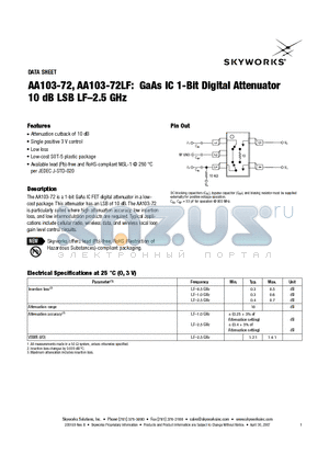 AA103-72_07 datasheet - GaAs IC 1-Bit Digital Attenuator 10 dB LSB LF-2.5 GHz