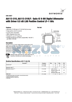 AA113-310LF datasheet - GaAs IC 6-Bit Digital Attenuator with Driver 0.5 dB LSB Positive Control LF-1 GHz