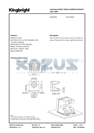 AA4040PGC datasheet - 4.0x4.0mm RIGHT ANGLE SURFACE MOUNT LED LAMP