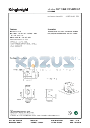 AA4040SRC datasheet - 4.0x4.0mm RIGHT ANGLE SURFACE MOUNT LED LAMP