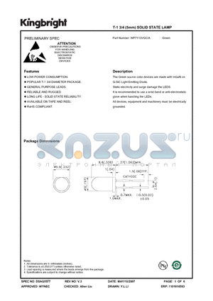 WP7113VGC-A datasheet - T-1 3/4 (5mm) SOLID STATE LAMP Green