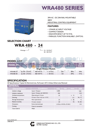 WRA480-24 datasheet - 3PH AC - DC DIN RAIL MOUNTABLE 480W INDUSTRIAL CONTROL EQUIPMENT