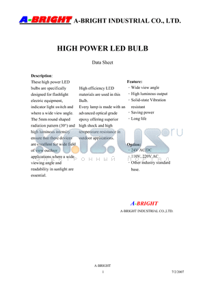 AB-0751RA-01WA-P30-S datasheet - HIGH POWER LED BULB