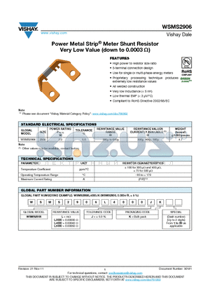 WSMS2906 datasheet - Power Metal Strip^ Meter Shunt Resistor Very Low Value (down to 0.0003 )
