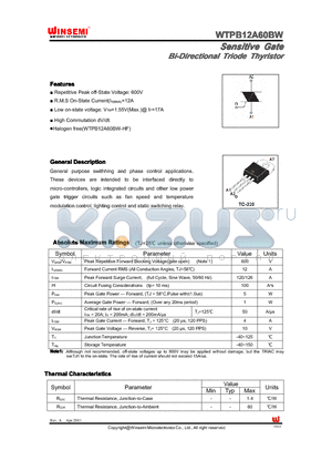 WTPB12A60BW datasheet - Sensitive Gate Bi-Directional Triode Thyristor