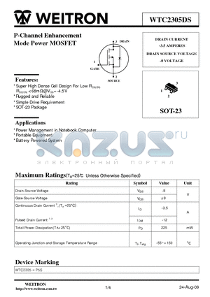 WTC2305DS datasheet - P-Channel Enhancement Mode Power MOSFET